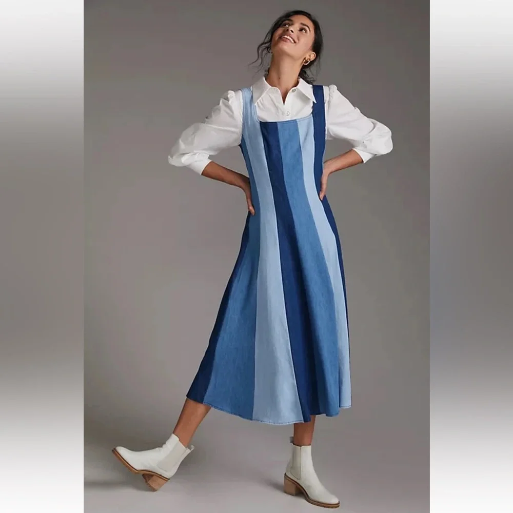 Anthropologie x Farm Rio Blue and White denim color blocked Midi Dress S - Picture 1 of 13